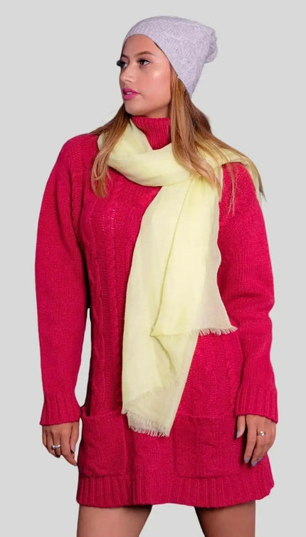 Luxurious Italian Cashmere Scarf in Red sweater and Yellow scarf outfit