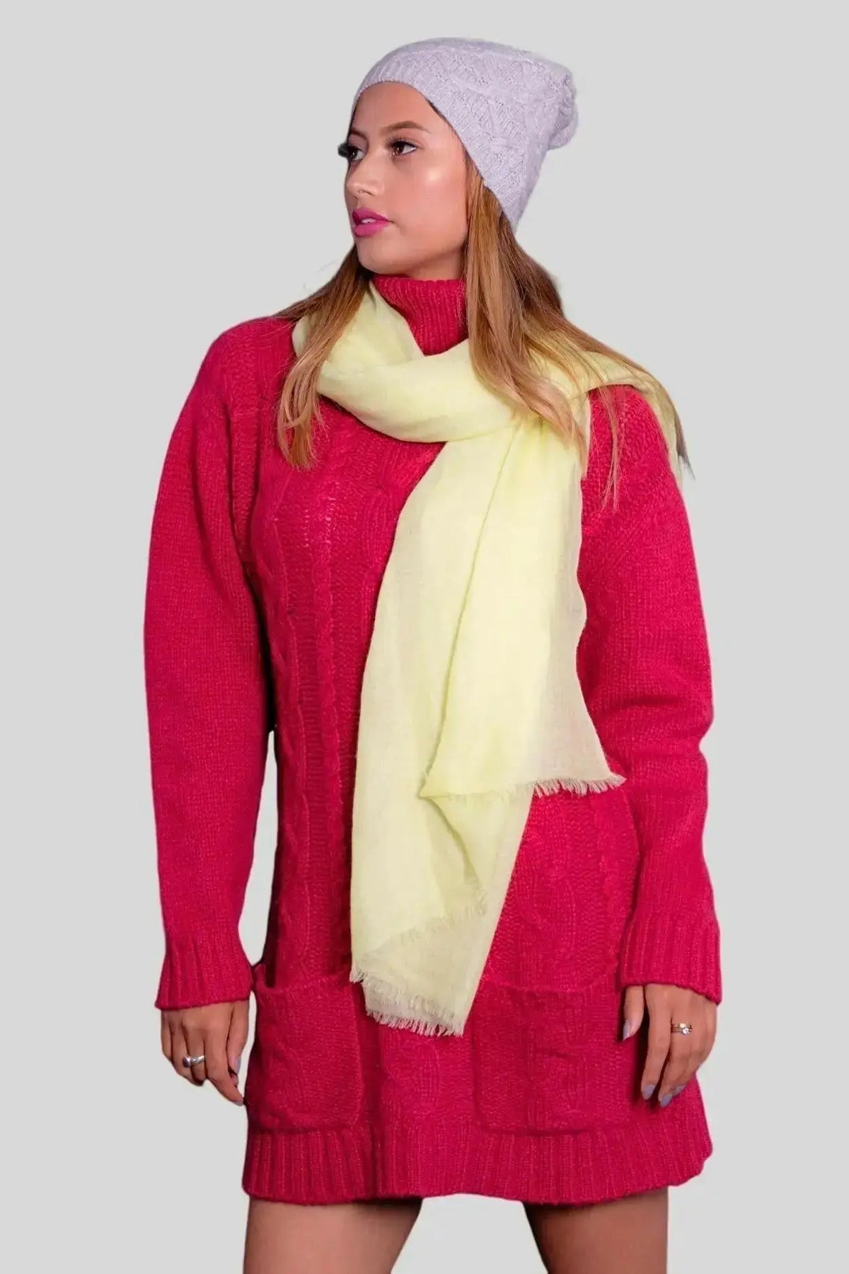 Luxurious Italian Cashmere Scarf in Red sweater and Yellow scarf outfit