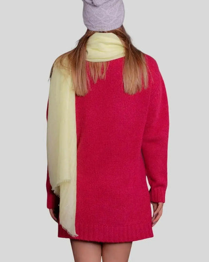 Woman in red sweater and yellow scarf wearing Luxurious Italian Cashmere Scarf