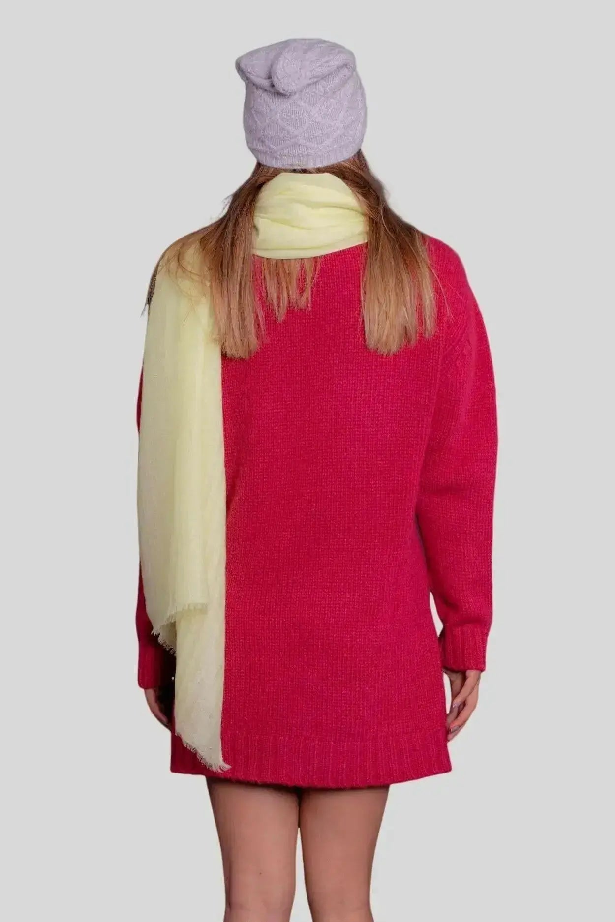 Woman in red sweater and yellow scarf wearing Luxurious Italian Cashmere Scarf
