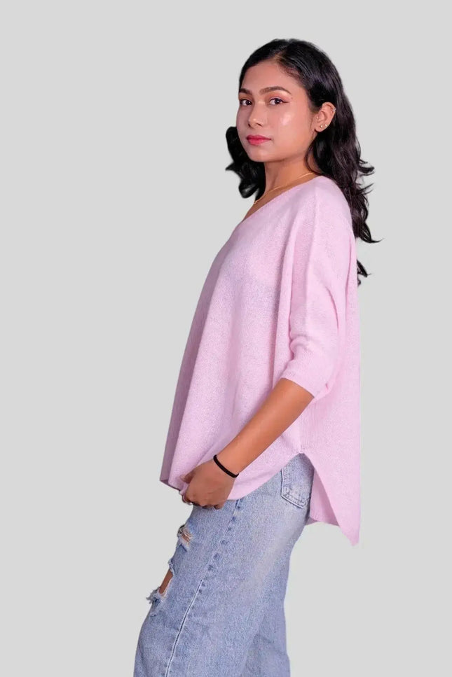 Luxurious Italian Cashmere Scarf modeled by a woman in pink sweater and jeans