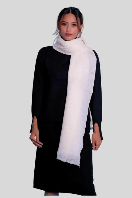 Luxurious Italian Cashmere Scarf - Woman wearing white scarf