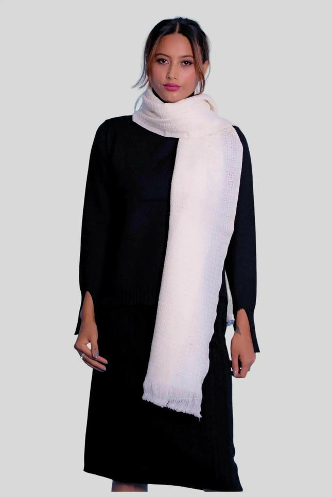 Luxurious Italian Cashmere Scarf - Woman wearing white scarf
