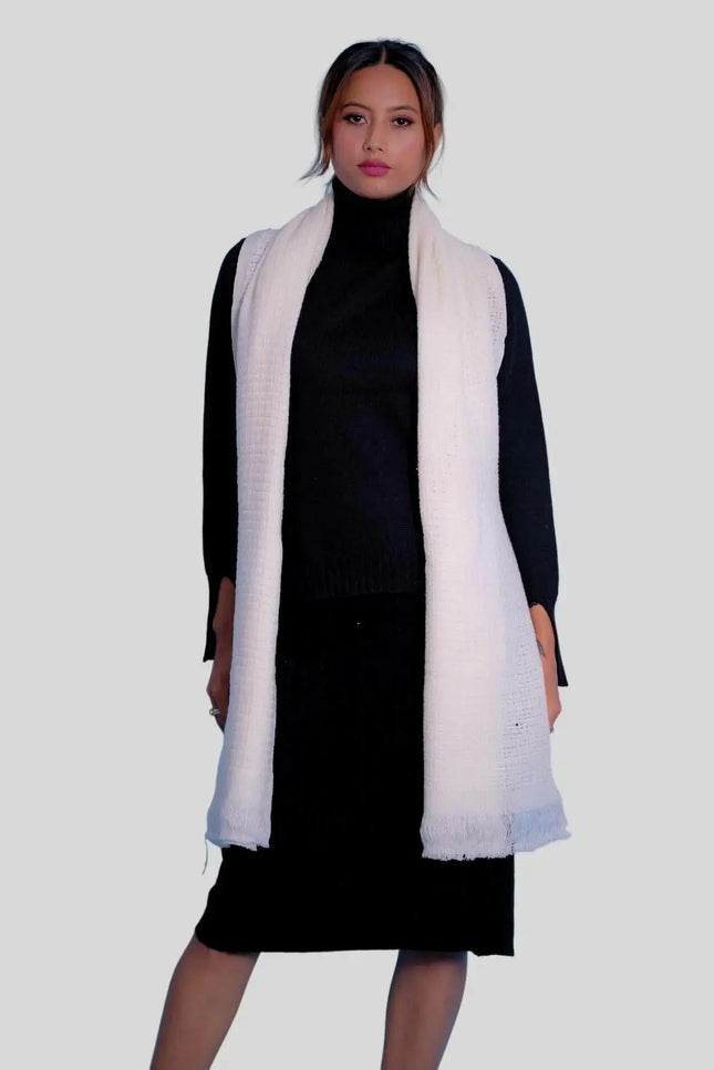 Luxurious Italian Cashmere Scarves featuring a woman wearing white vest and black dress