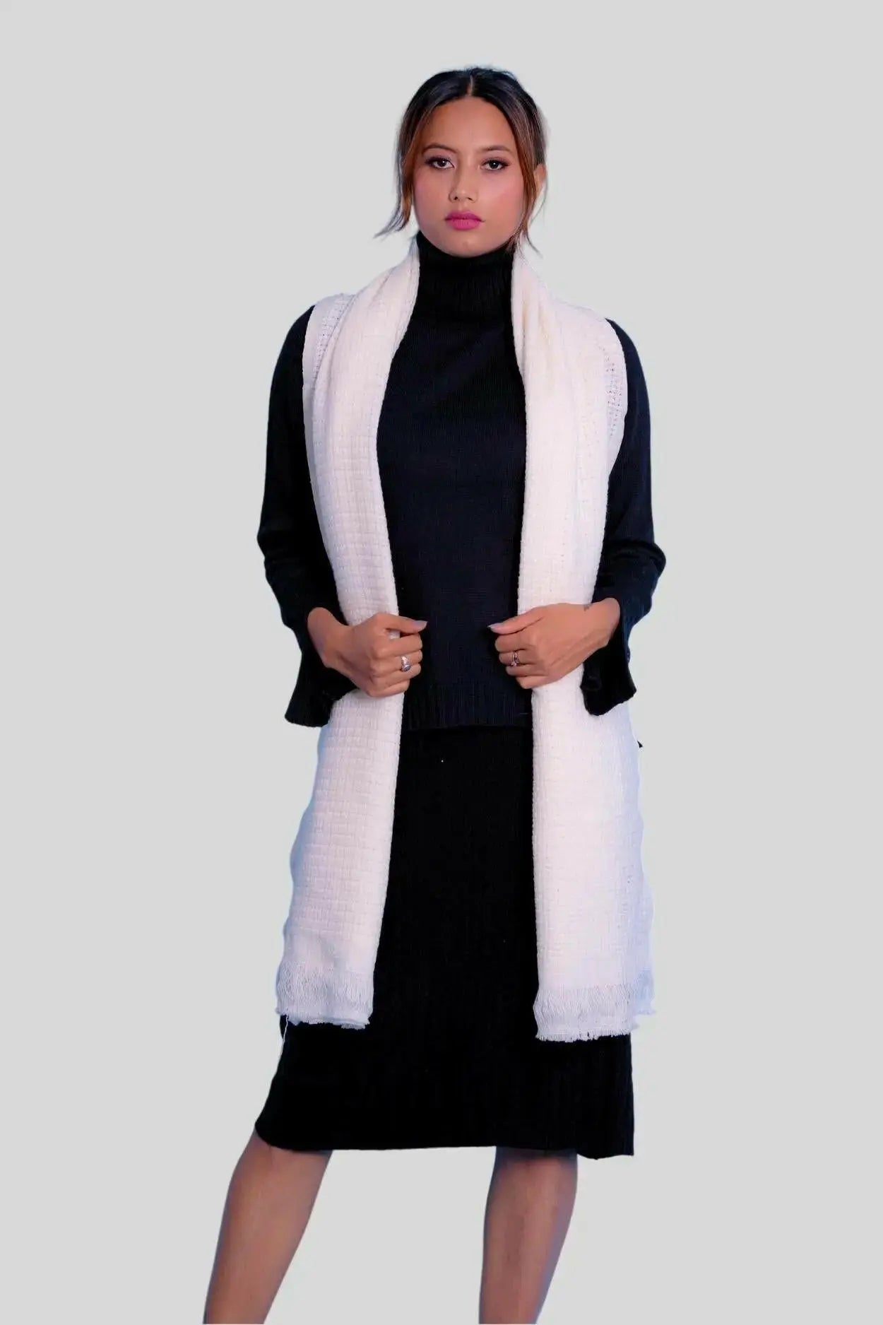 Luxurious Italian Cashmere Scarves - Woman in White Vest and Black Dress