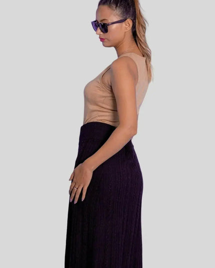 Luxurious Italian Cashmere Skirt - Woman in Black Skirt and Sunglasses