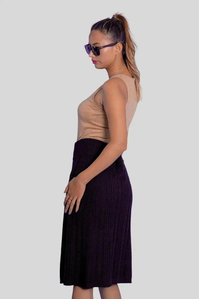 Luxurious Italian Cashmere Skirt - Woman in Black Skirt and Sunglasses