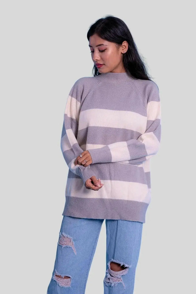 Luxurious Italian Cashmere Striped Sweater - Woman in Grey and White Sweater