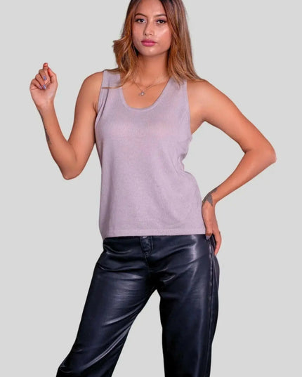 Woman in purple tank top and leather pants, flattering fit of Luxurious Italian Cashmere Top