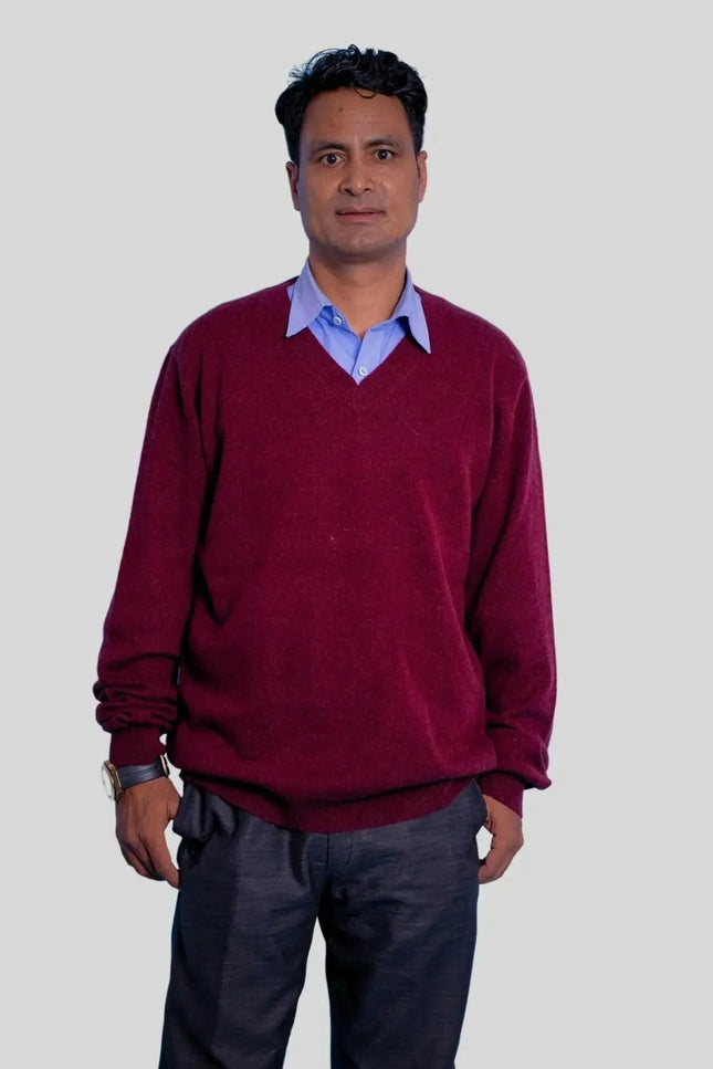 Men’s Luxurious Italian Cashmere V-Neck Pullover in Red Sweater and Blue Shirt