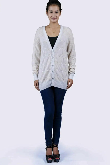 Luxurious Italian Cashmere V-Neck Sweater - Woman in White Cardigan