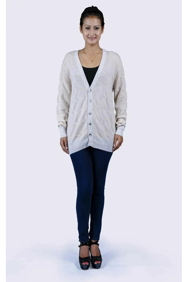 Luxurious Italian Cashmere V-Neck Sweater - Woman in White Cardigan