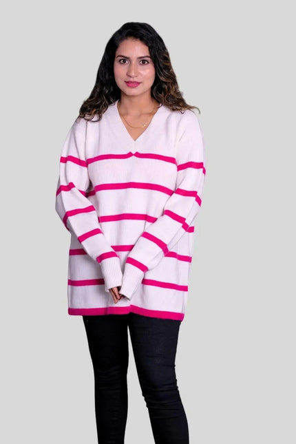Luxurious Italian Cashmere V Pullover - Woman in White/Pink Striped Sweater