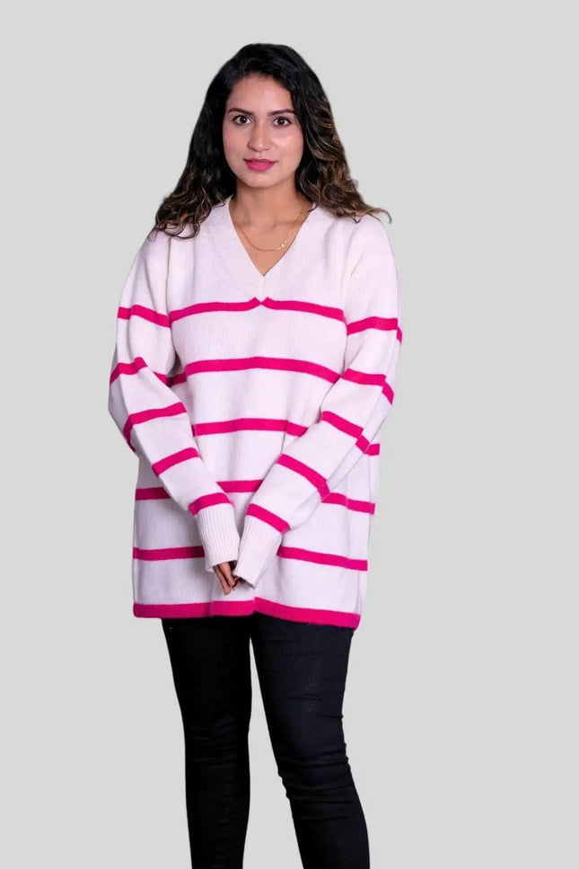 Luxurious Italian Cashmere V Pullover - Woman in White/Pink Striped Sweater