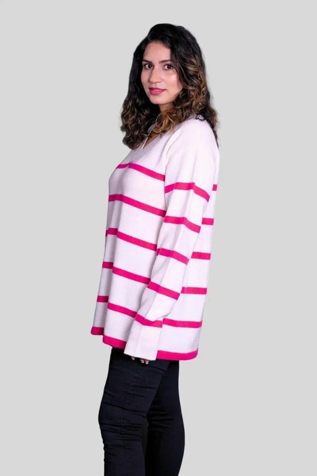 Luxurious Italian Cashmere V Pullover for Women in White and Pink Stripes
