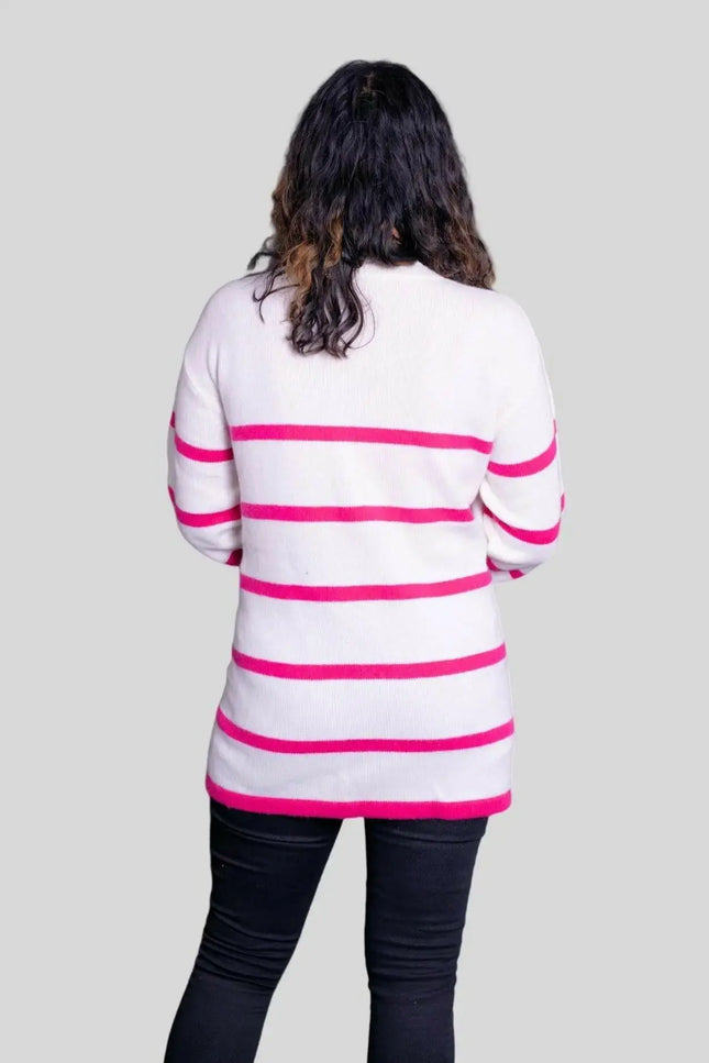 Luxurious Italian Cashmere V Pullover showcasing woman in white sweater and black jeans