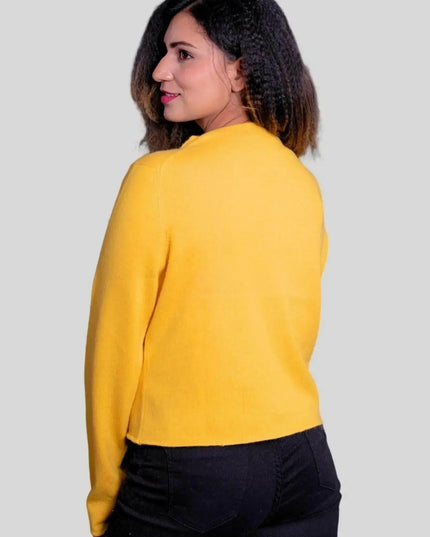Luxurious Women’s Cashmere Cardigan featuring a woman in a yellow sweater