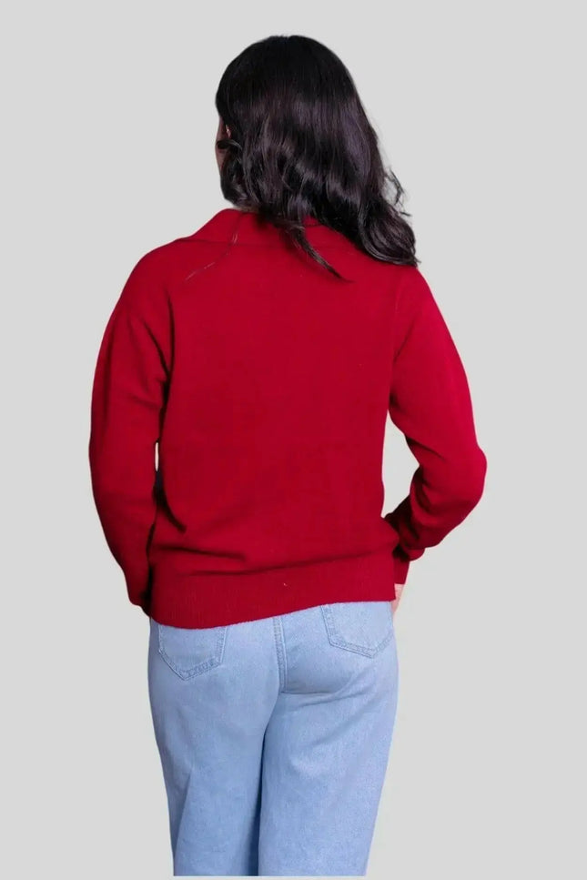 Luxurious Women’s Cashmere Polo featuring a woman in red sweater and jeans