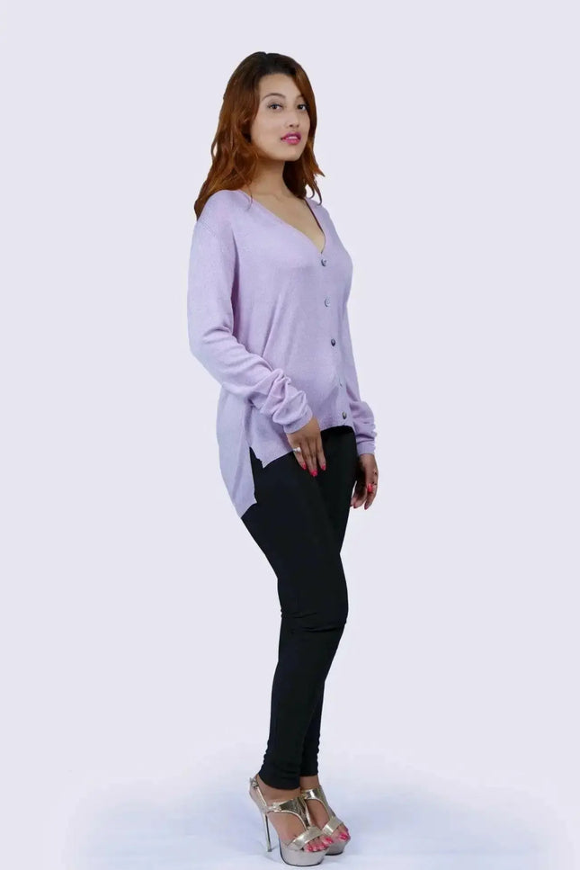 Luxurious Women’s Pure Cashmere V-Neck Cardigan in Purple Sweater and Black Pants