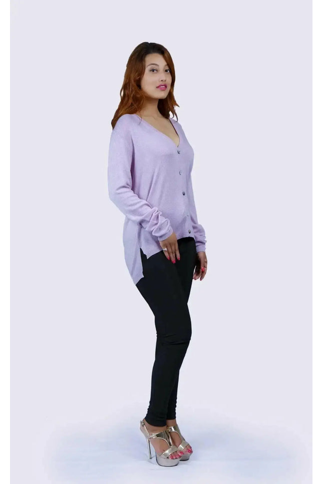 Luxurious Women’s Pure Cashmere V-Neck Cardigan in Purple Sweater and Black Pants