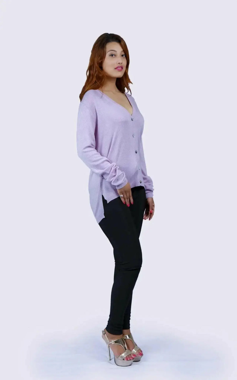 Luxurious Women’s Pure Cashmere V-Neck Cardigan in Purple Sweater and Black Pants