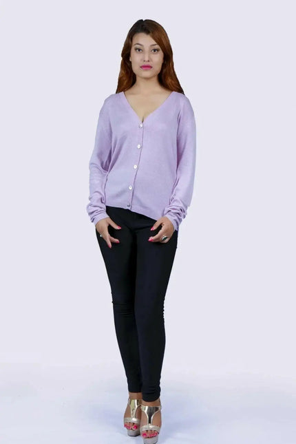 Luxurious Women’s Pure Cashmere V-Neck Cardigan - Woman in Purple Sweater and Black Pants