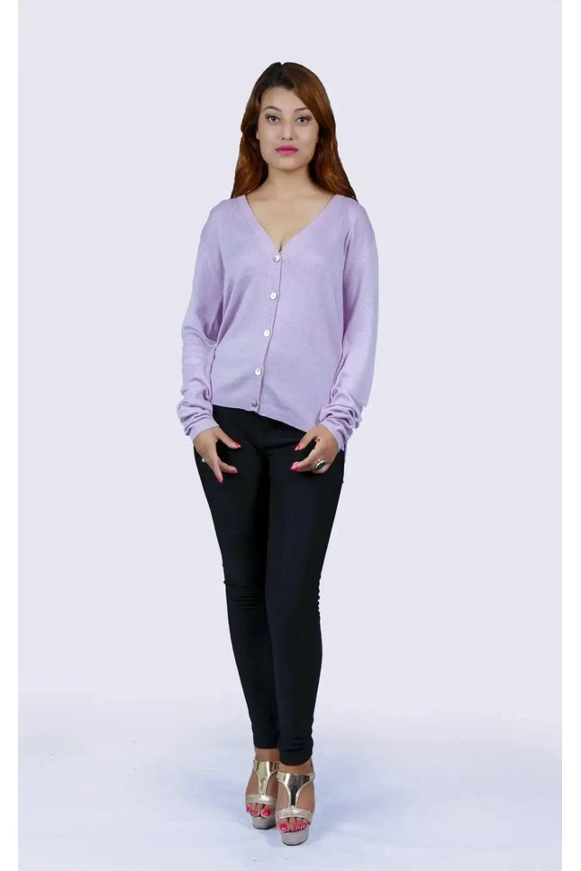 Luxurious Women’s Pure Cashmere V-Neck Cardigan - Woman in Purple Sweater and Black Pants