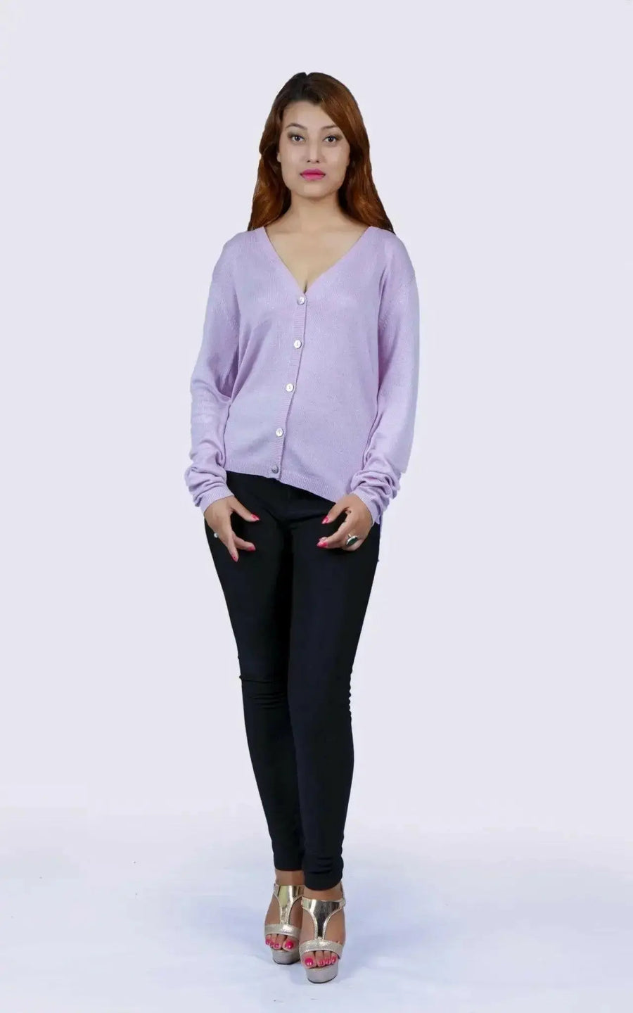 Luxurious Women’s Pure Cashmere V-Neck Cardigan - Woman in Purple Sweater and Black Pants