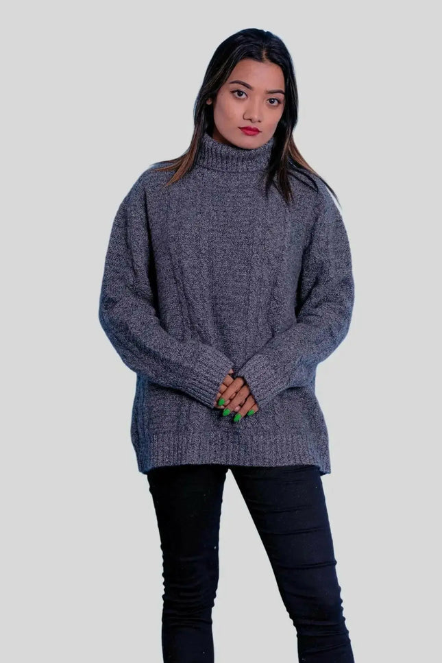 Luxuriously soft cashmere turtle neck sweater on woman