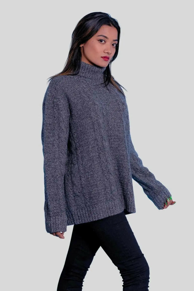 Luxuriously Soft Cashmere Turtle Neck Sweater featuring a woman in grey sweater and black jeans