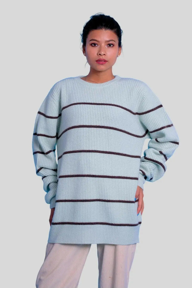 Premium quality striped sweater featuring a woman in a blue and brown Italian cashmere design