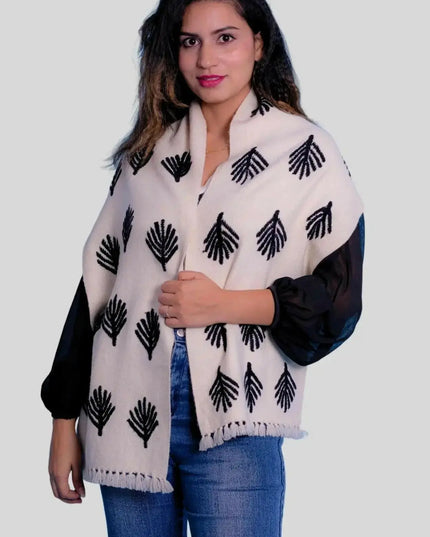 Woman wearing white and black shawl - Luxury Cashmere Embroidered Scarf | Italian Cashmere
