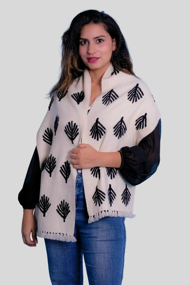 Woman wearing white and black shawl - Luxury Cashmere Embroidered Scarf | Italian Cashmere