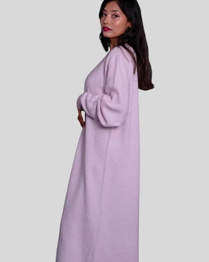 Woman wearing purple luxury cashmere long cardigan