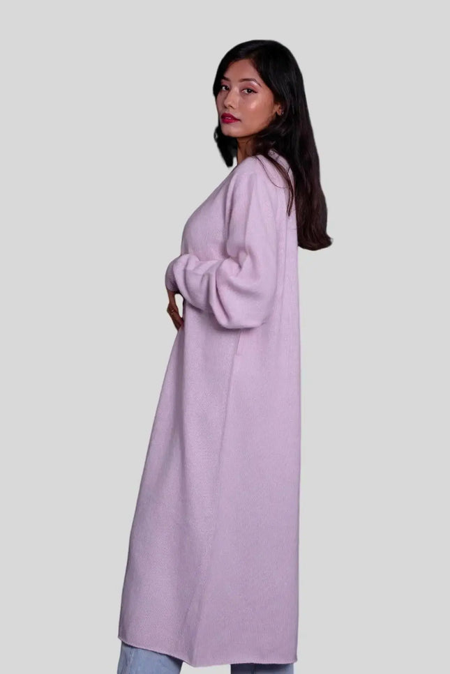 Woman wearing purple luxury cashmere long cardigan