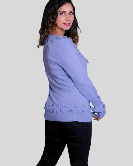 Woman in blue sweater and black jeans modeling Luxury Cashmere V-Neck Pullover | Italian Cashmere