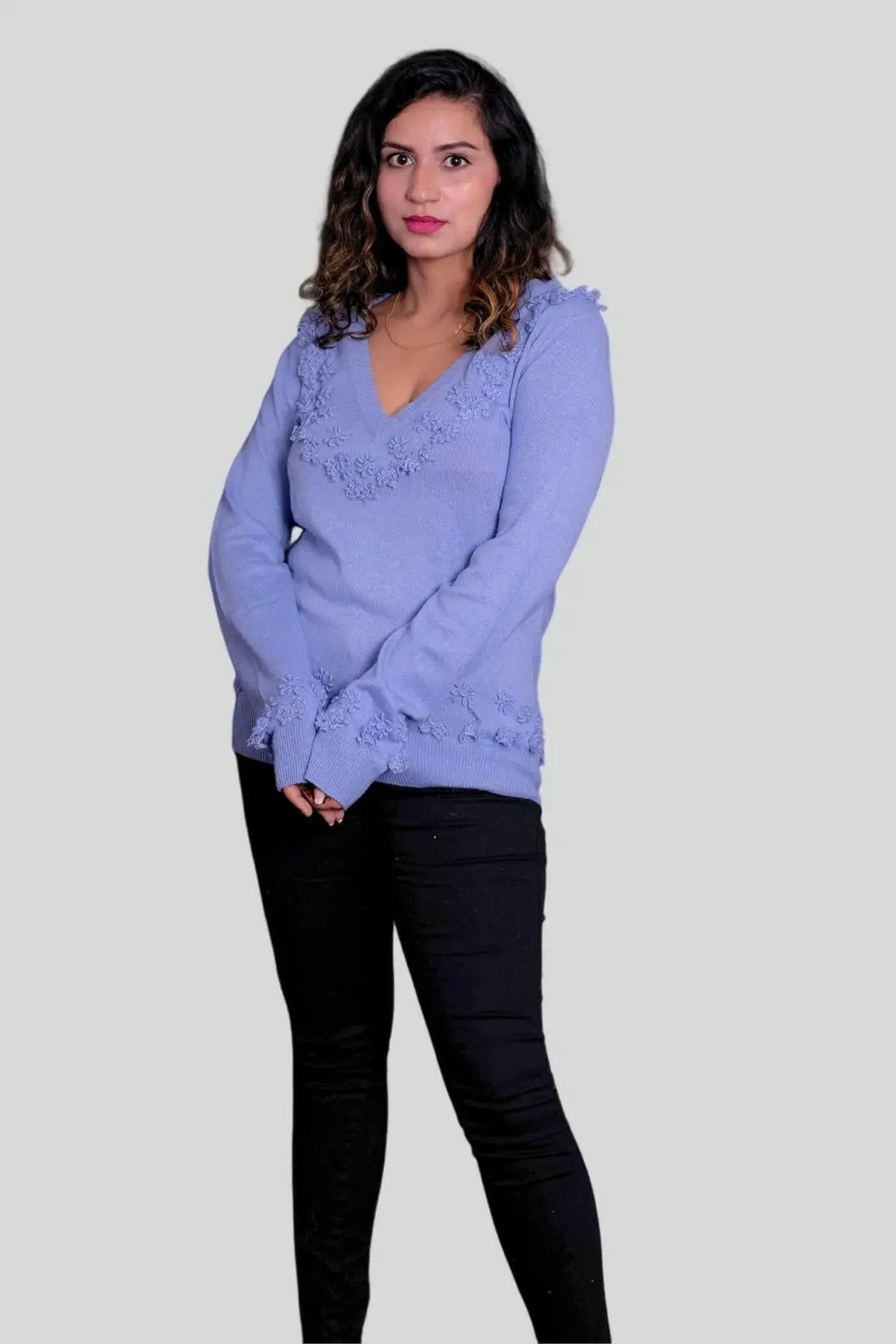 Luxury Cashmere V-Neck Pullover | Woman in Blue Sweater and Black Jeans