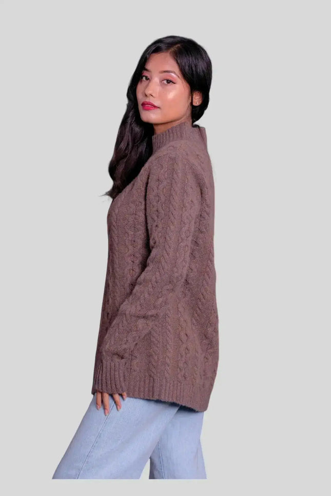 Woman in brown cashmere cable pullover
