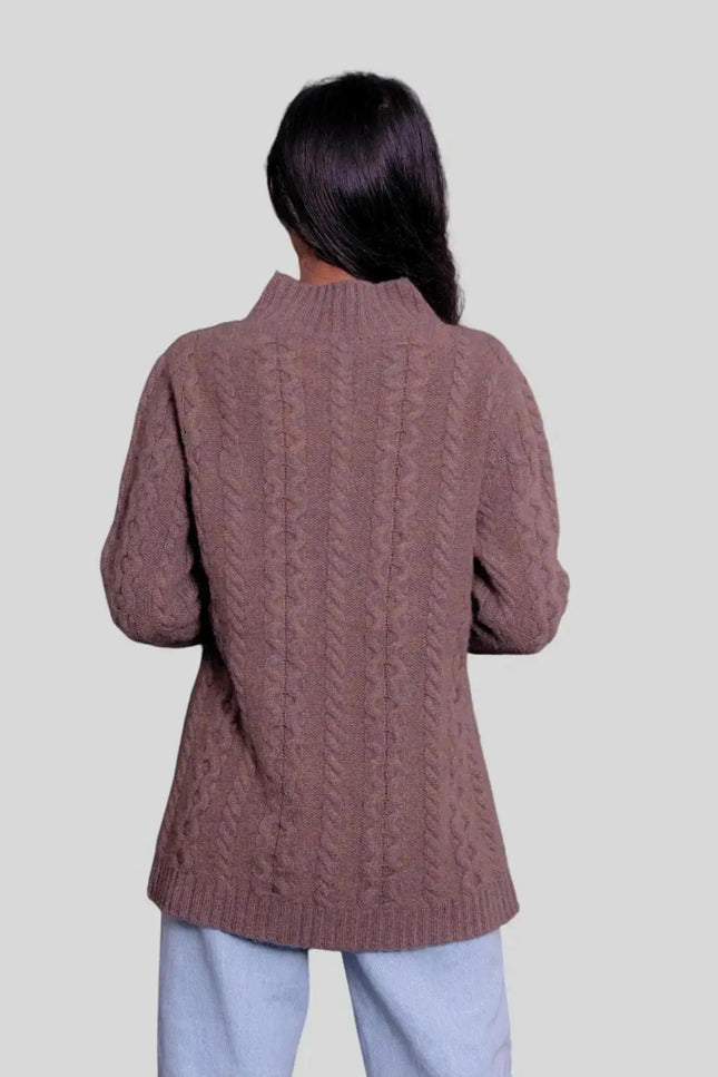 Luxury Italian Cashmere Cable Pullover - Woman wearing brown cable knit sweater