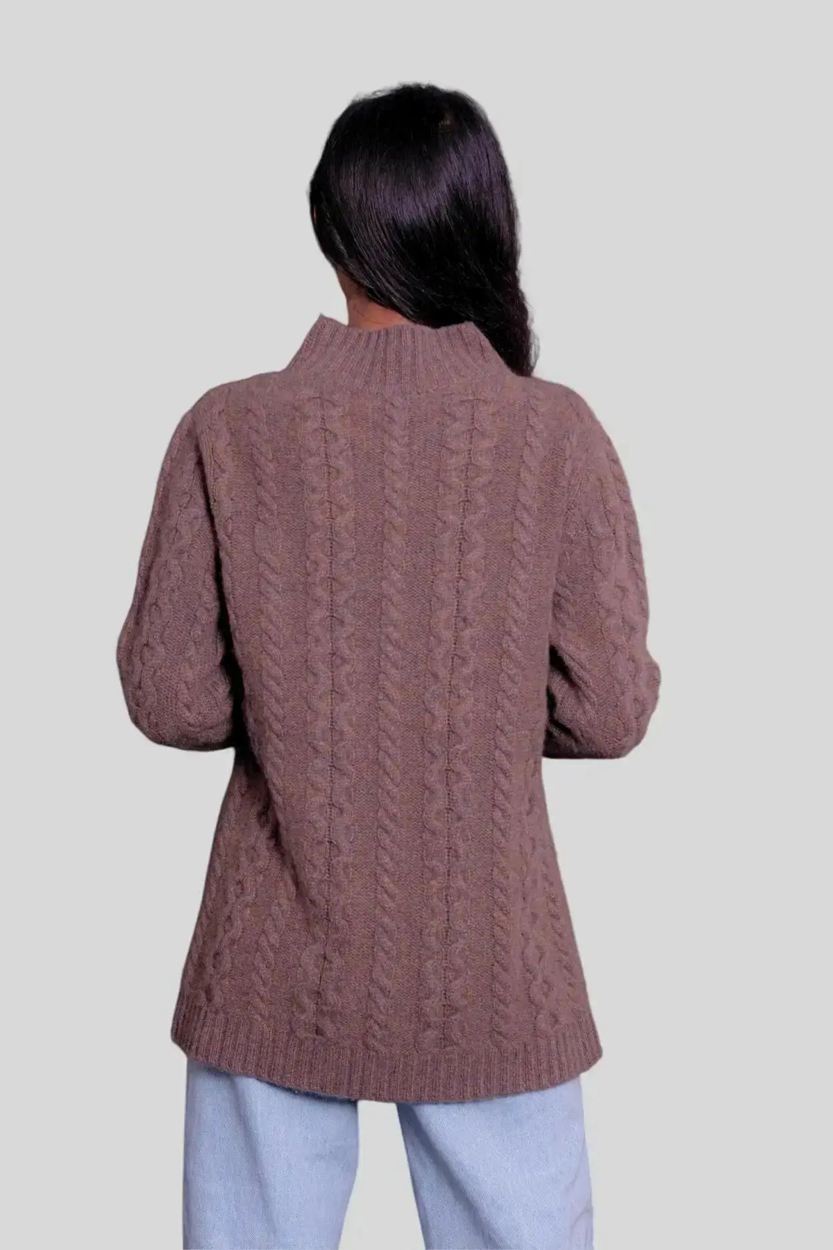 Luxury Italian Cashmere Cable Pullover - Woman wearing brown cable knit sweater
