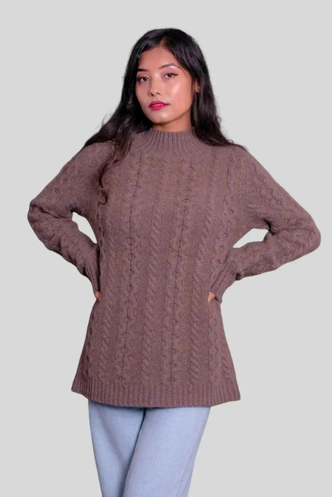 Luxury Italian Cashmere Cable Pullover - Woman wearing brown cable knit sweater
