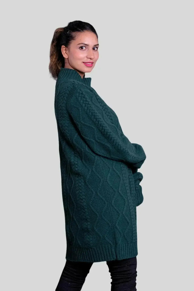 Woman wearing green cable knit sweater - Luxury Italian Cashmere Cardigan