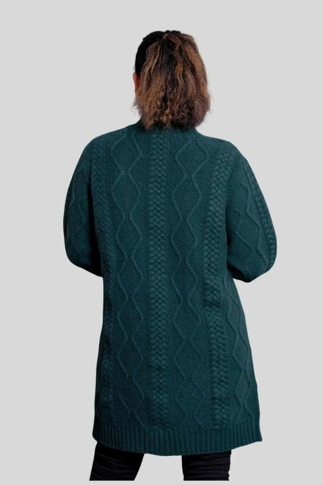 Woman wearing green cable knit sweater, Luxury Italian Cashmere Cardigan