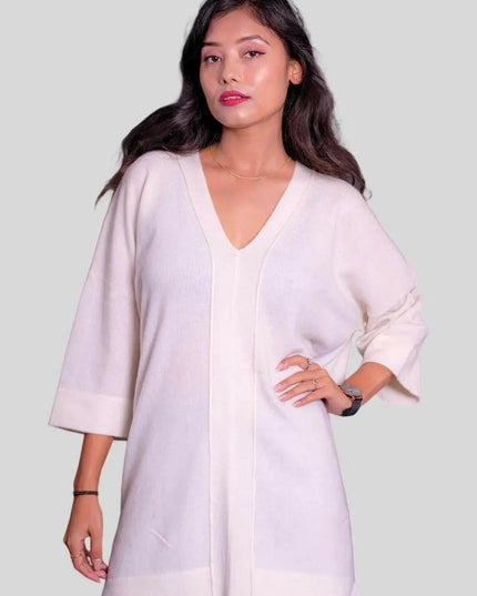 Luxury Italian Cashmere Dress - Woman in white sweater and jeans