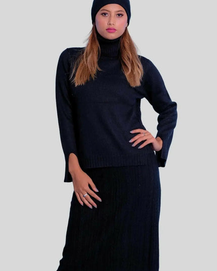 High end luxury Italian cashmere dress woman in black sweater and skirt