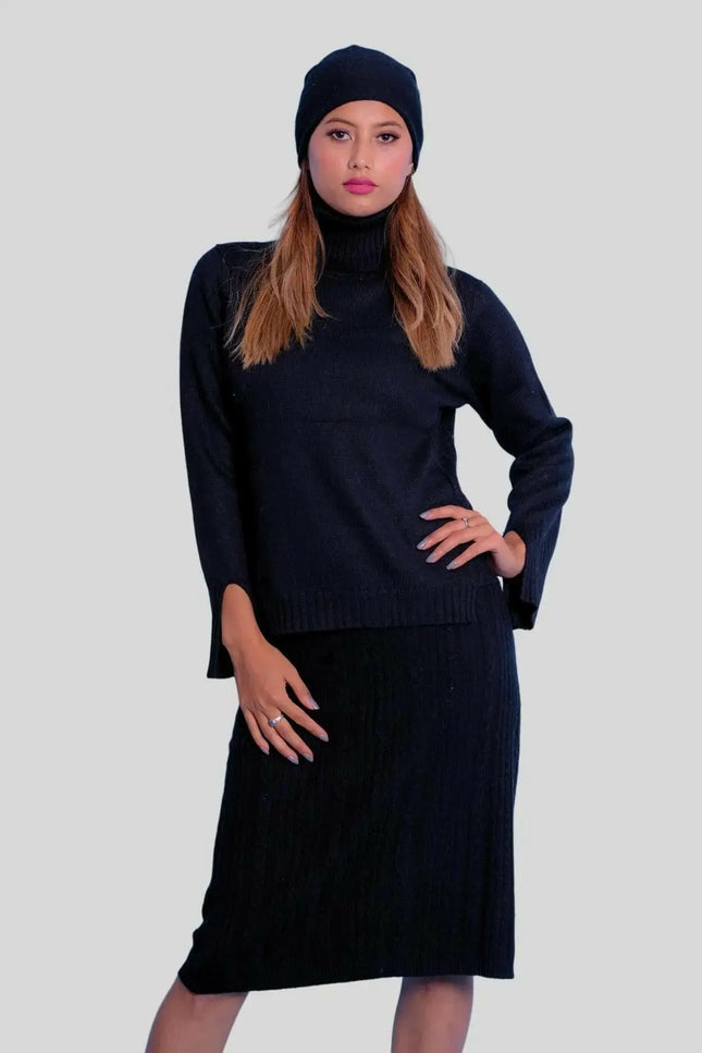 High end luxury Italian cashmere dress woman in black sweater and skirt