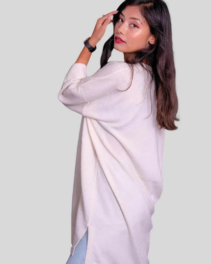 Luxury Italian Cashmere Dress for Women in White Sweater and Jeans