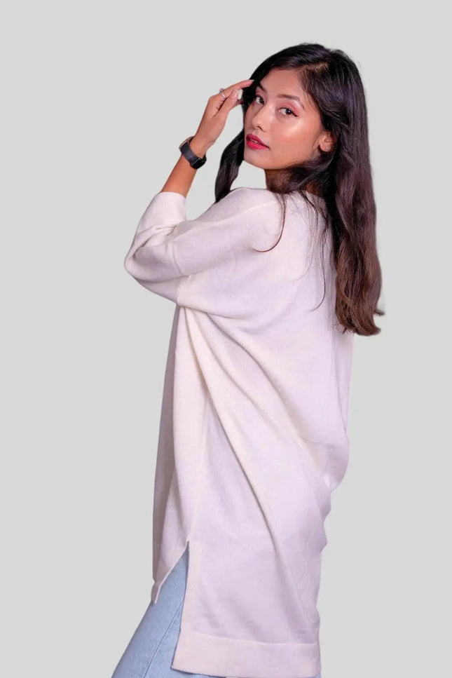 Luxury Italian Cashmere Dress for Women in White Sweater and Jeans