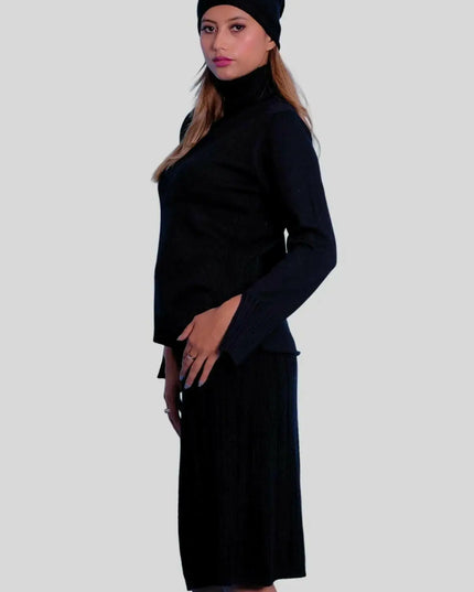 Luxury Italian Cashmere Dress featuring a woman in a black dress and hat