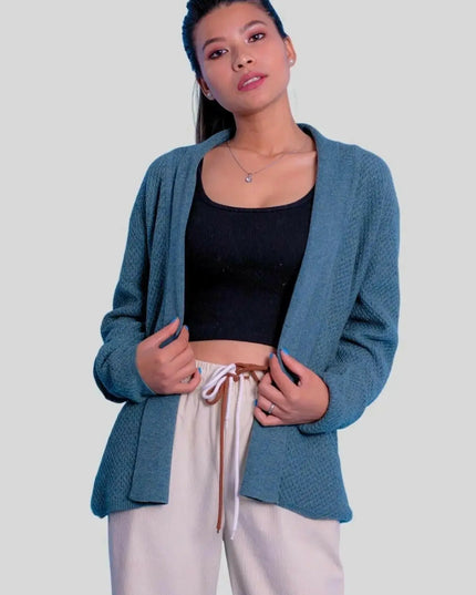 Woman wearing luxury Italian cashmere honeycomb open cardigan